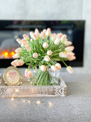 X-Large 60 Peach Tulips | Modern Faux Floral Arrangement | Real Touch Artificial Faux Forever Flowers in Glass Vase, Faux Flowers in Vase