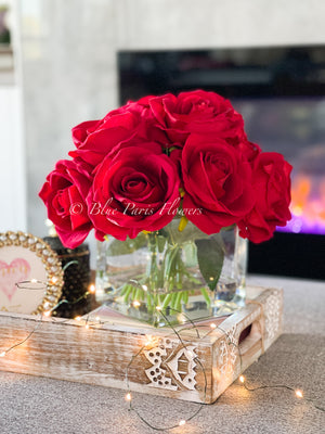 Red Velvet Roses Arrangement, Artificial Faux Centerpiece, Natural Touch Flowers in Glass Vase Home Decor, Floral Arrangement Blue Paris