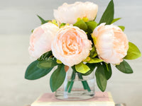 LT Pink Rose Peony Arrangement, Artificial Faux Table Centerpiece, Wedding Faux Florals Silk Flowers Arrangement in Glass Vase by Blue Paris