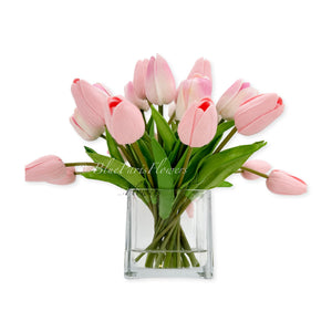 Light Pink Tulips 25 Floral | Modern Arrangement | Real Touch | Artificial Faux Forever Fake Flowers in Glass Vase for Home Decor Blue Paris