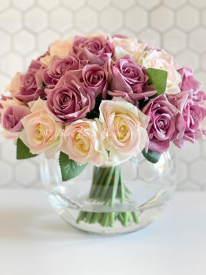 45 Dusty Rose & Peach Rose Arrangement Artificial Faux Silk Flowers in Glass Vase, Modern French Decor, Floral Centerpiece, Home Decor Gift