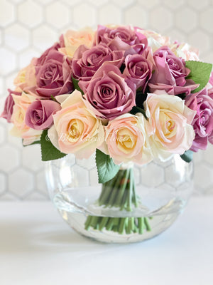 45 Dusty Rose & Peach Rose Arrangement Artificial Faux Silk Flowers in Glass Vase, Modern French Decor, Floral Centerpiece, Home Decor Gift