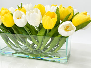 Modern Long Yellow White REAL TOUCH Tulip Arrangement Artificial Faux Centerpiece Floral Flower Arrangement Flowers Glass Vase French Decor