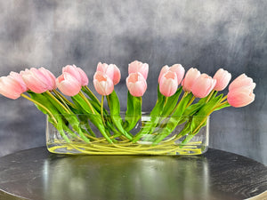 Modern Long REAL TOUCH Tulip Arrangement Artificial Faux Centerpiece Floral Flower Arrangement Silk Flowers Glass Vase French Decor Pink