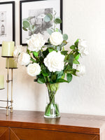 White Real Touch Rose Floral Arrangement, Artificial Flower Centerpiece, Wedding Decor, Faux Flower Decor In Glass Vase