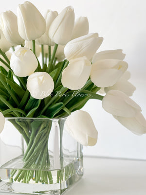 White Tulips 30 Floral | Modern Arrangement | Real Touch | Artificial Faux Forever Fake Flowers in Glass Vase for Home Decor Blue Paris