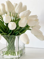 White Tulips 25 Floral | Modern Arrangement | Real Touch | Artificial Faux Forever Fake Flowers in Glass Vase for Home Decor Blue Paris
