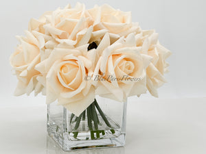 Real Touch Cream Roses Arrangement in Vase, French Country Artificial Flowers Faux Floral Home Decor Realistic Arrangement Blue Paris