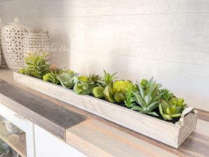 31” Long Succulents in Wood Base, Faux Artificial Greens Succulents Plants Table Centerpiece Floral Decor Centerpiece Faux Florals