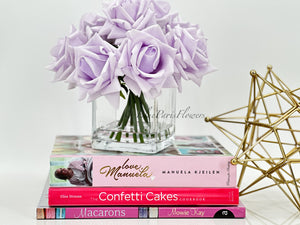 Real Touch Lavender Roses Arrangement in Vase, French Country Artificial Flowers Faux Floral Home Decor Realistic Arrangement Blue Paris