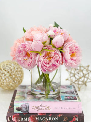 French Pink Peonies Arrangement, Artificial Faux Floral Centerpiece, High-quality Silk Flowers in Glass Vase for Home Decor Blue Paris