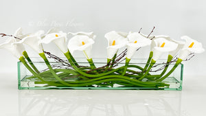 Modern Long White REAL TOUCH Calla Lily Arrangement Artificial Faux Centerpiece Floral Flower Table Decor Silk Flowers Glass Vase French
