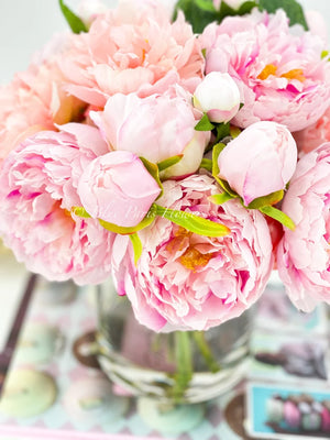 French Pink Peonies Arrangement, Artificial Faux Floral Centerpiece, High-quality Silk Flowers in Glass Vase for Home Decor Blue Paris