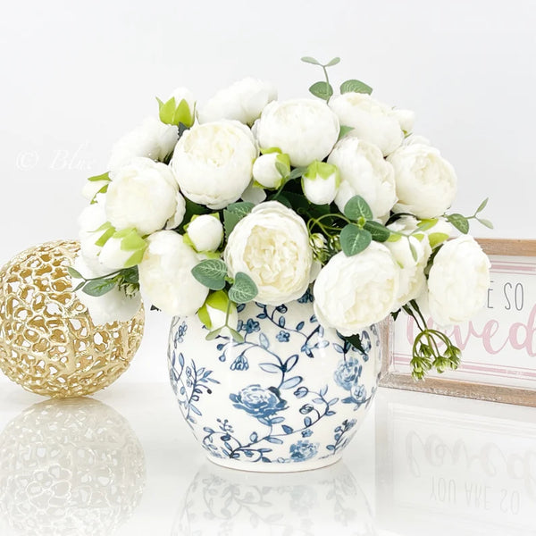 White Peonies Arrangement | Modern Arrangement | Realistic, Lifelike Artificial Faux Forever Flowers in Blue/White Vase for Home Decor