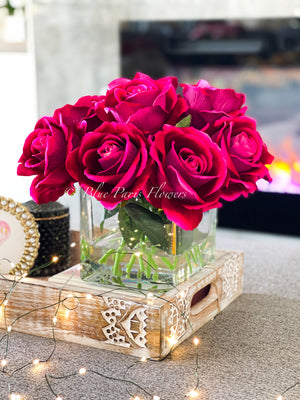 Fuchsia Velvet Roses Arrangement, Artificial Faux Centerpiece, Natural Touch Flowers in Glass Vase Home Decor, Floral Arrangement Blue Paris