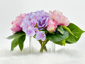 Lavender Purple Blue Peonies and Real Touch Hydrangeas Arrangement Artificial Faux Centerpiece, Soft Touch Floral Flowers in Vase Home Decor