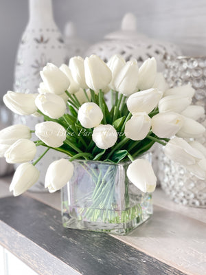 White Tulips 30 Floral | Modern Arrangement | Real Touch | Artificial Faux Forever Fake Flowers in Glass Vase for Home Decor Blue Paris