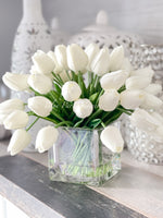 White Tulips 25 Floral | Modern Arrangement | Real Touch | Artificial Faux Forever Fake Flowers in Glass Vase for Home Decor Blue Paris