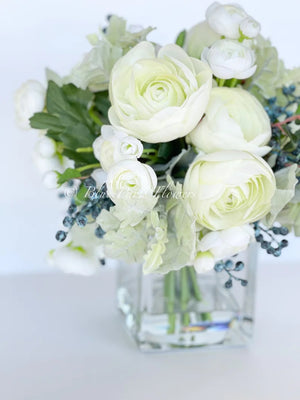 Floral Arrangement, Pale Green White Ranunculus, Blueberries, Silk Artificial Flower Centerpiece, Faux Silk Arrangement Glass Vase, Flower