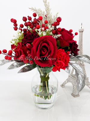 Faux Flower Arrangement, Peonies, Roses, Greens in Vase, Floral Decor Real Touch Centerpiece, Faux Artificial Flowers Silk Arrangement Red