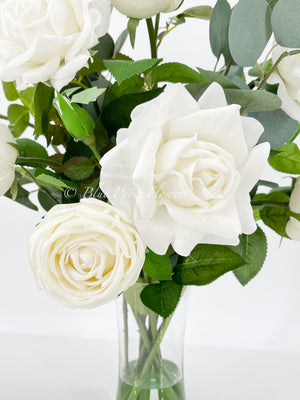 White Real Touch Rose Floral Arrangement, Artificial Flower Centerpiece, Wedding Decor, Faux Flower Decor In Glass Vase