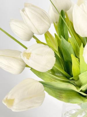 19” White Real Touch Tulips Modern Arrangement Centerpiece | Real Touch Artificial Faux Forever Flowers