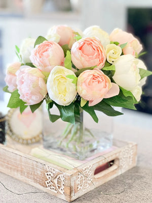 Modern Pink/White Peony Arrangement Artificial Faux Flower Centerpiece, French Country Floral Decor, Silk Flowers in Vase Home Decor by Blue