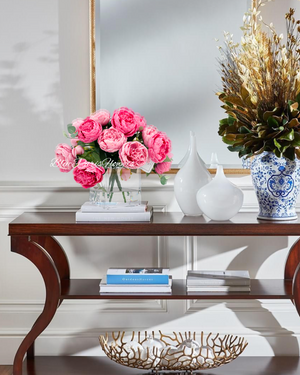 Light and Dark Pink Rose Peony Arrangement, Artificial Faux Centerpiece, Silk Flowers in Glass Vase for Home Decor