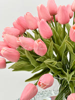 X-Large 60 Pink Tulips, French Modern Faux Floral Arrangement, Real Touch Artificial Faux Forever Flowers in Glass Vase, Fake, Wedding Decor