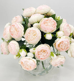 X-Large Light Pink Rose Peony Arrangement, Artificial Faux Centerpiece, Silk Flowers in Glass Vase for Home Decor