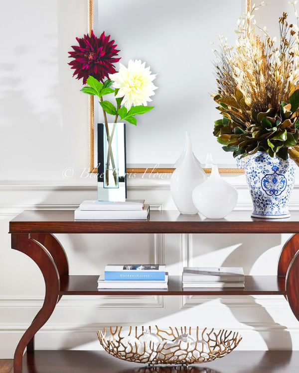 Modern Dahlia Arrangement, Real Touch Dahlias in Contemporary Mirror Vase, Floral Decor Centerpiece, Artificial Flowers Faux Floral Decor