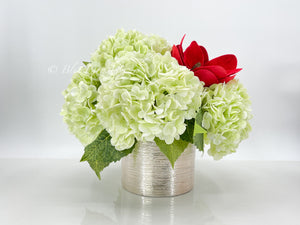 REAL TOUCH Green Hydrangeas, Red Magnolia Arrangement, Artificial Faux Centerpiece, Floral Flowers in Rose Gold Vase Home Decor Blue Paris