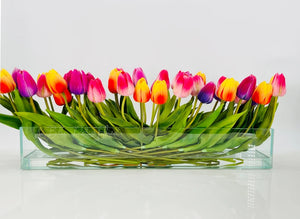 Modern Long REAL TOUCH Tulip Arrangement Artificial Faux Centerpiece Floral Flower Arrangement Silk Flowers Glass Vase French Decor Pink