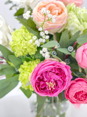 Faux Flower Arrangement, Peonies, Roses, Greens in Vase, Floral Decor Real Touch Centerpiece, Faux Artificial Flowers Silk Arrangement Pink I