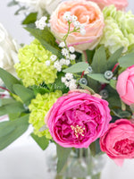 Faux Flower Arrangement, Peonies, Roses, Greens in Vase, Floral Decor Real Touch Centerpiece, Faux Artificial Flowers Silk Arrangement Pink