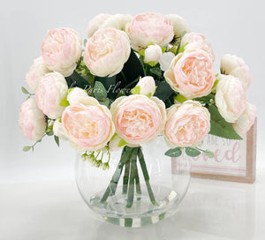 X-Large Light Pink Rose Peony Arrangement, Artificial Faux Centerpiece, Silk Flowers in Glass Vase for Home Decor
