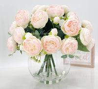 X-Large Light Pink Rose Peony Arrangement, Artificial Faux Centerpiece, Silk Flowers in Glass Vase for Home Decor