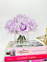 Real Touch Lavender Roses Arrangement in Vase, French Country Artificial Flowers Faux Floral Home Decor Realistic Arrangement Blue Paris