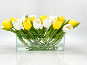 Modern Long Yellow White REAL TOUCH Tulip Arrangement Artificial Faux Centerpiece Floral Flower Arrangement Flowers Glass Vase French Decor