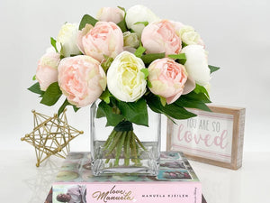 Modern Pink/White Peony Arrangement Artificial Faux Flower Centerpiece, French Country Floral Decor, Silk Flowers in Vase Home Decor by Blue