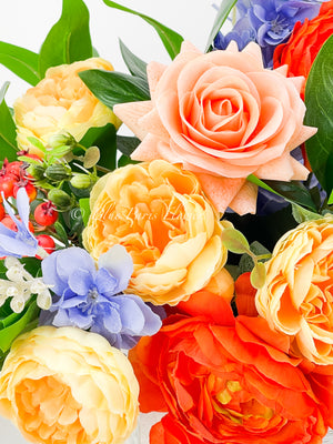 Fall or Thanksgiving Arrangement, Ranunculus, Peonies, Delphinium in Wood Vase, Floral Decor Centerpiece, Faux Artificial Flowers Silk Decor