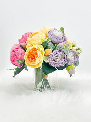 Pink/Purple/Yellow Rose Peony Arrangement, Artificial Faux Centerpiece, Faux Florals, Silk Flowers in Glass Vase, Mother’s Day by Blue Paris