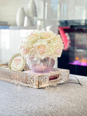 Real Touch Blush Rose Arrangement | French Floral Centerpiece Artificial Faux Forever Flowers in Rose-gold Vase for Home Decor by Blue Paris decor