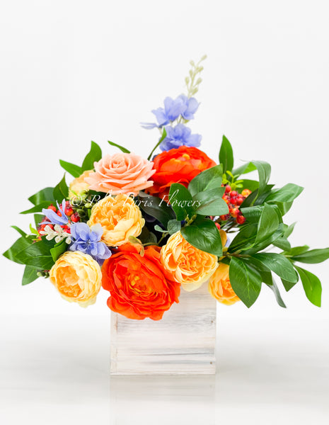 Fall or Thanksgiving Arrangement, Ranunculus, Peonies, Delphinium in Wood Vase, Floral Decor Centerpiece, Faux Artificial Flowers Silk Decor