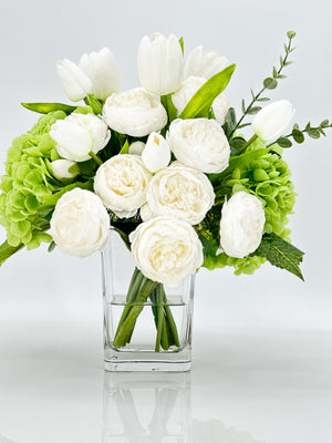 French Country Peony Arrangement in Vase, White Floral Arrangement, White Tulip Peony for Home Decor,Real Touch Green Hydrangea Centerpiece