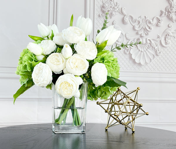 French Country Peony Arrangement in Vase, White Floral Arrangement, White Tulip Peony for Home Decor,Real Touch Green Hydrangea Centerpiece