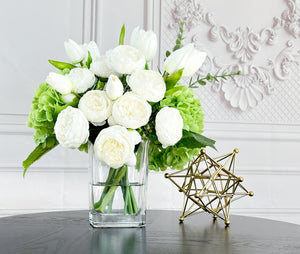 French Country Peony Arrangement in Vase, White Floral Arrangement, White Tulip Peony for Home Decor,Real Touch Green Hydrangea Centerpiece