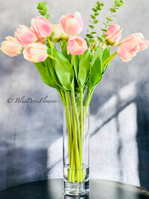 28” Tall Pink Real Touch Tulips in Glass Vase, Home Decor Faux Flower Arrangement, French Country Style, Floral Decor Arrangement