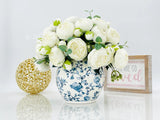 White Peonies Arrangement | Modern Arrangement | Realistic, Lifelike Artificial Faux Forever Flowers in Blue/White Vase for Home Decor