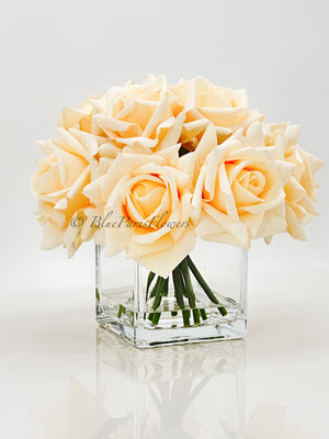 Real Touch Cream Roses Arrangement in Vase, French Country Artificial Flowers Faux Floral Home Decor Realistic Arrangement Blue Paris